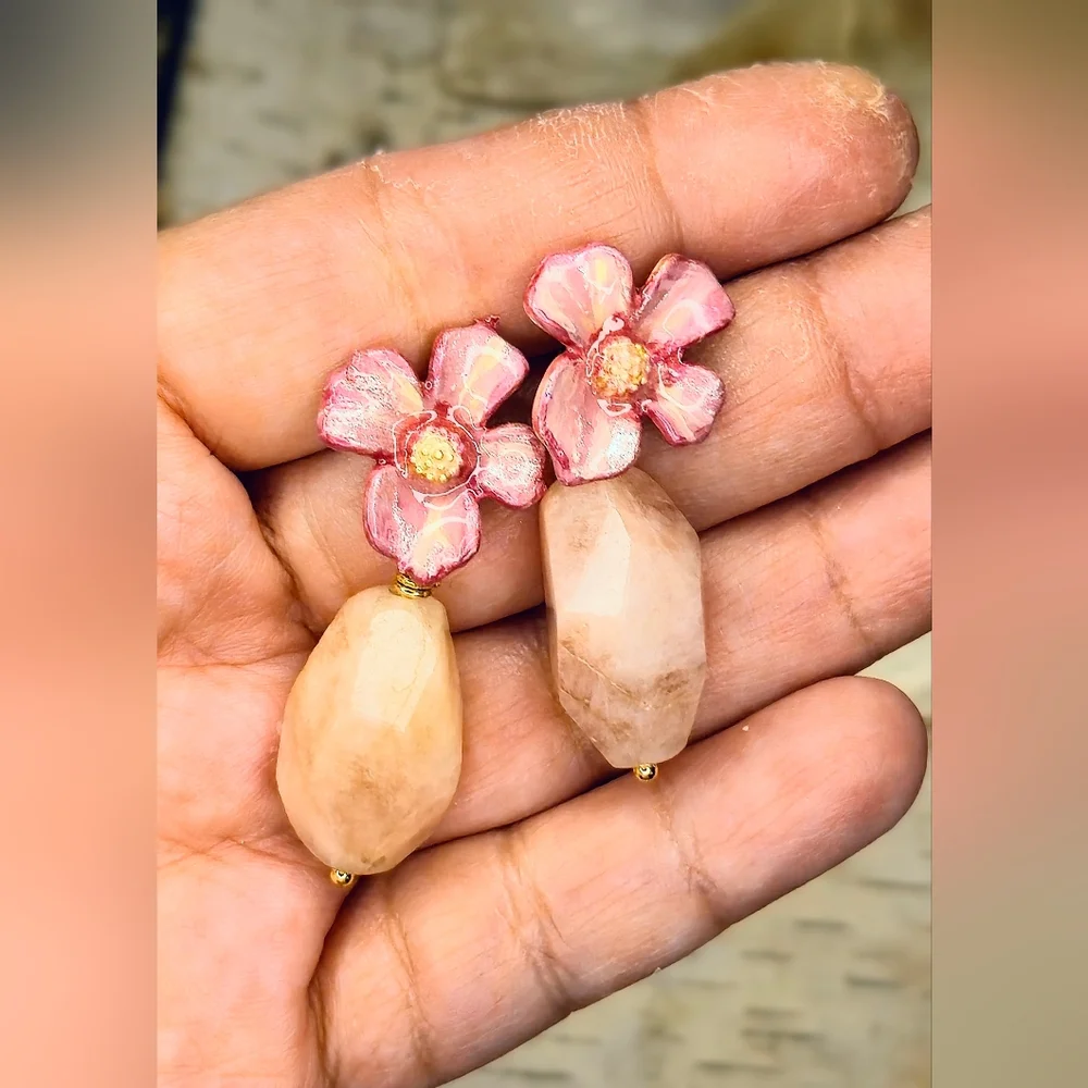 Handpainted Pink Flower & Natural Morganite In Chunky Gold Plated Earrings